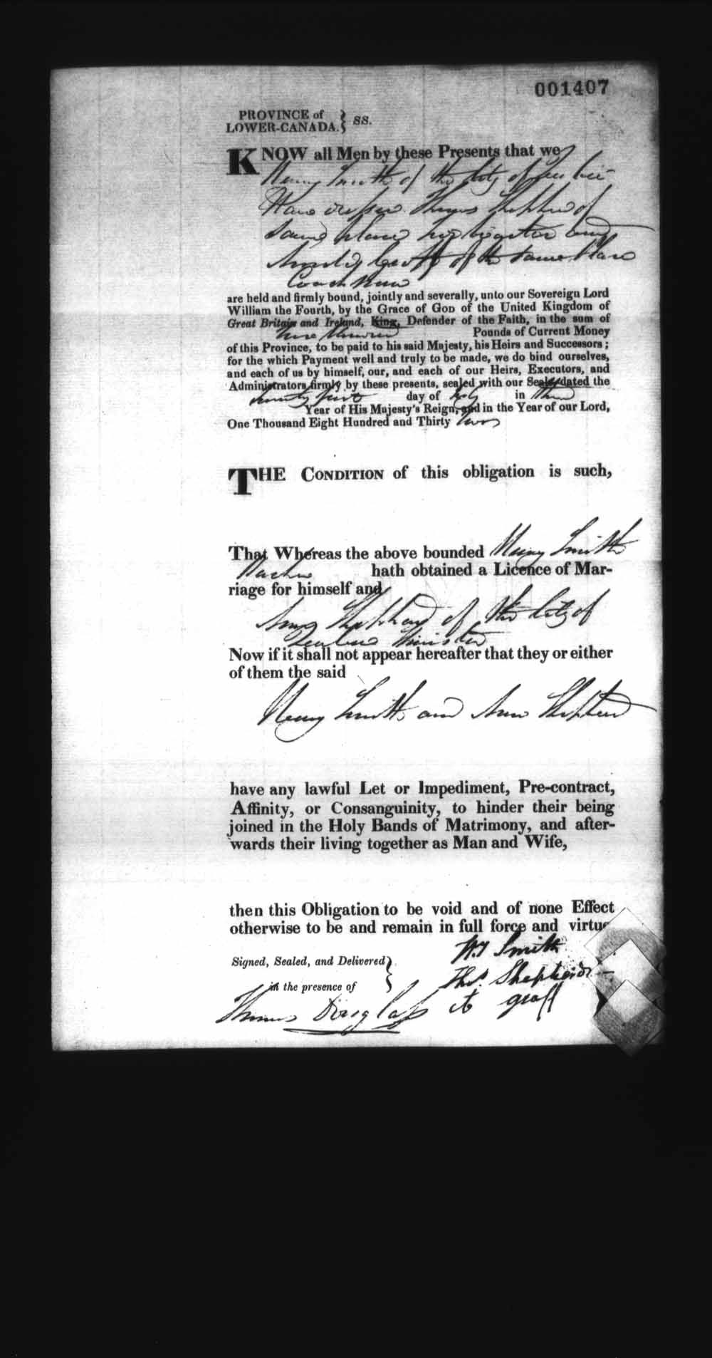Digitized page of Upper and Lower Canada Marriage Bonds (1779-1865) for Image No.: e008237603