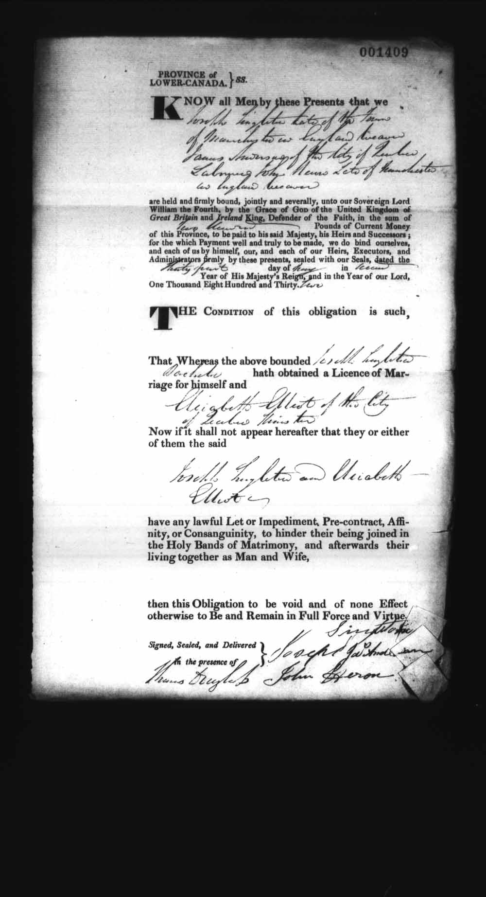 Digitized page of Upper and Lower Canada Marriage Bonds (1779-1865) for Image No.: e008237605