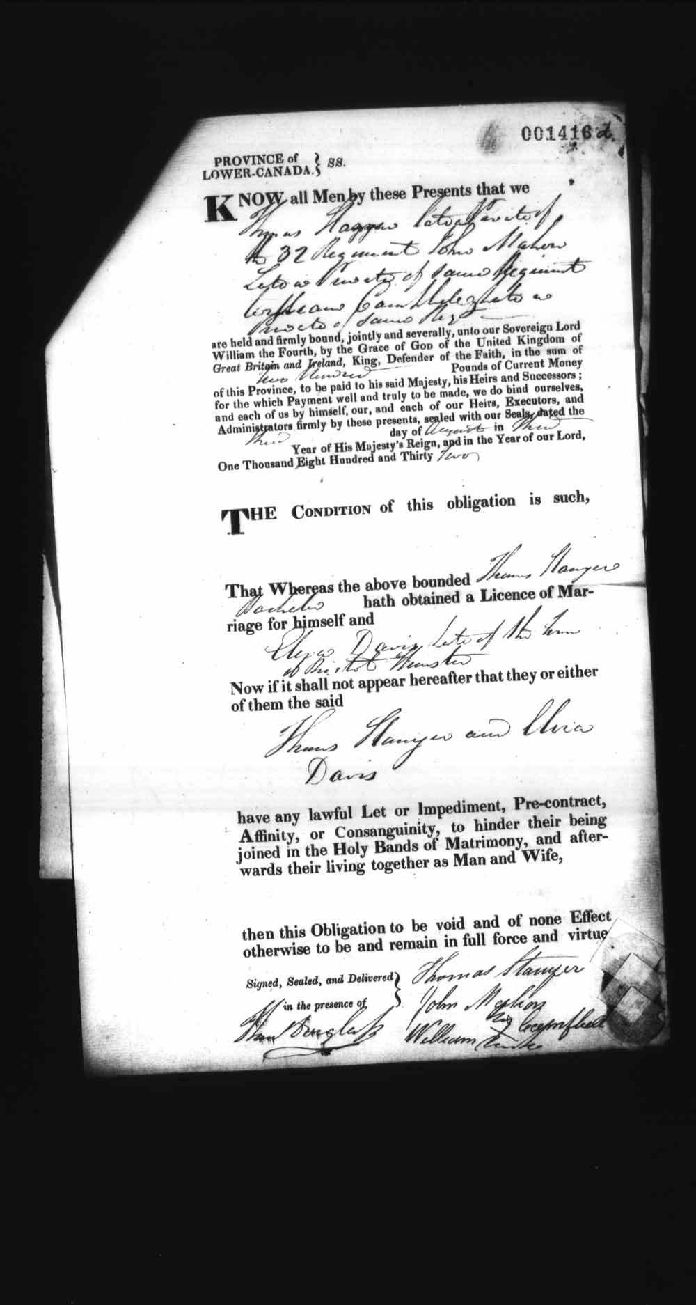 Digitized page of Upper and Lower Canada Marriage Bonds (1779-1865) for Image No.: e008237617