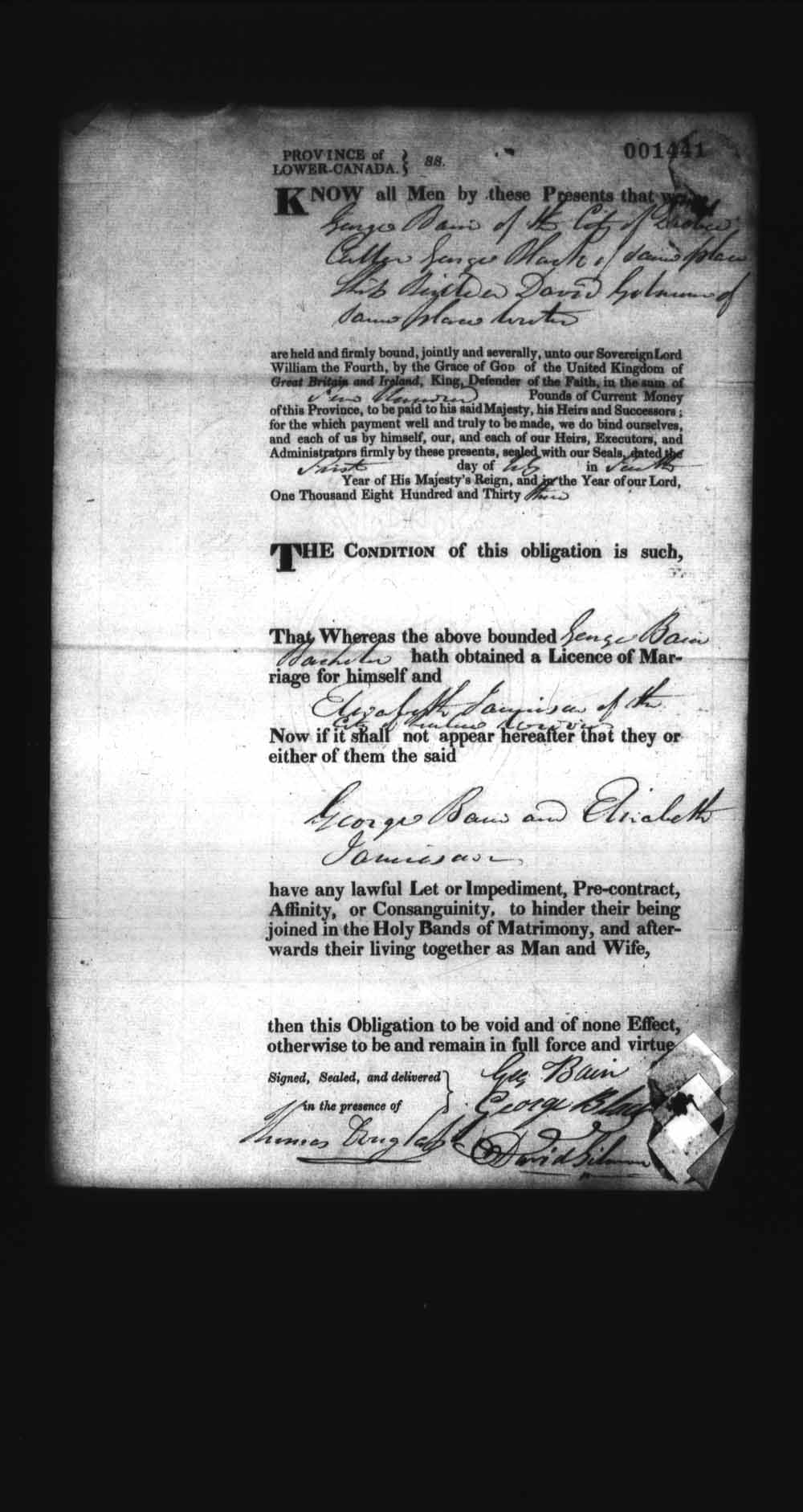 Digitized page of Upper and Lower Canada Marriage Bonds (1779-1865) for Image No.: e008237710