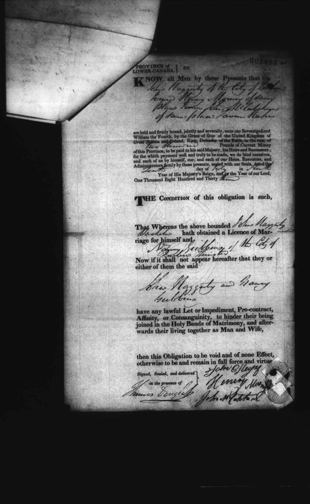 Digitized page of Upper and Lower Canada Marriage Bonds (1779-1865) for Image No.: e008237771