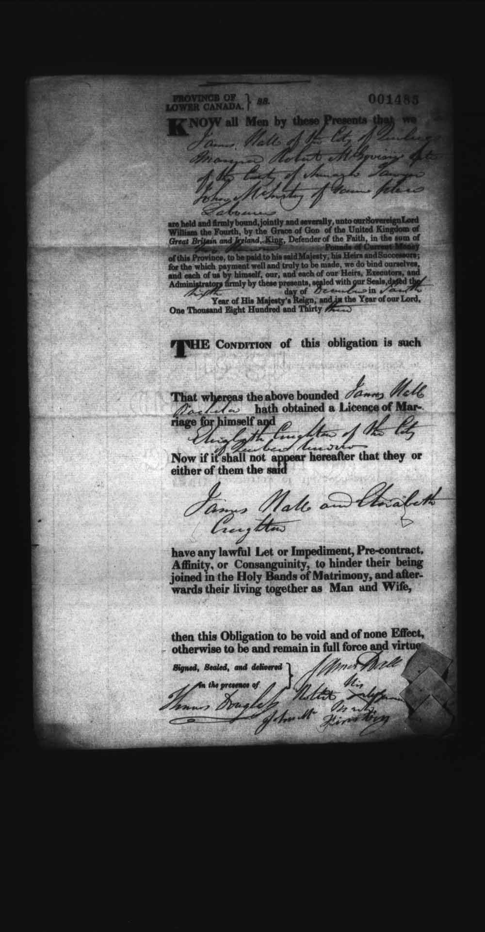 Digitized page of Upper and Lower Canada Marriage Bonds (1779-1865) for Image No.: e008237772