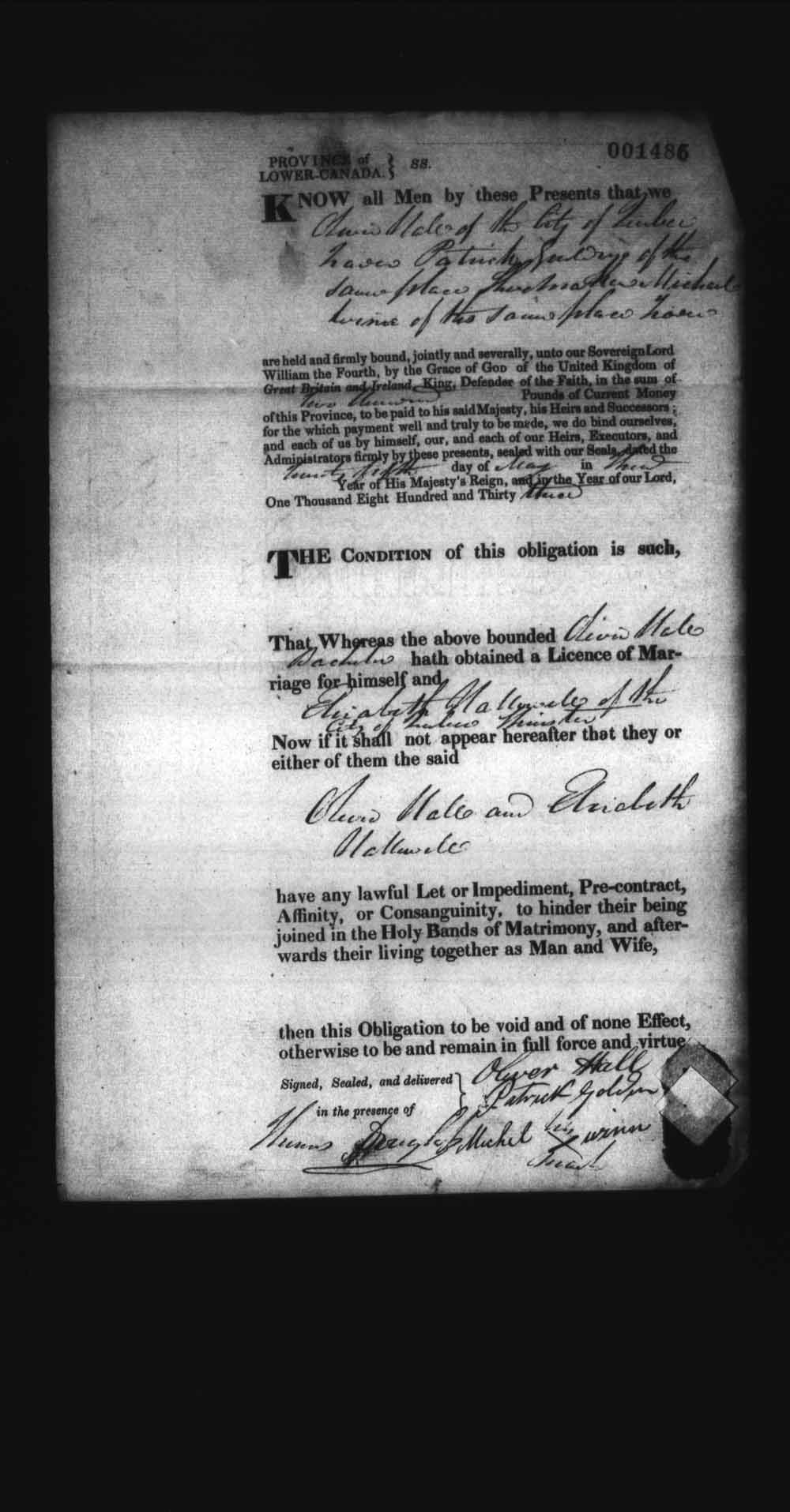 Digitized page of Upper and Lower Canada Marriage Bonds (1779-1865) for Image No.: e008237773