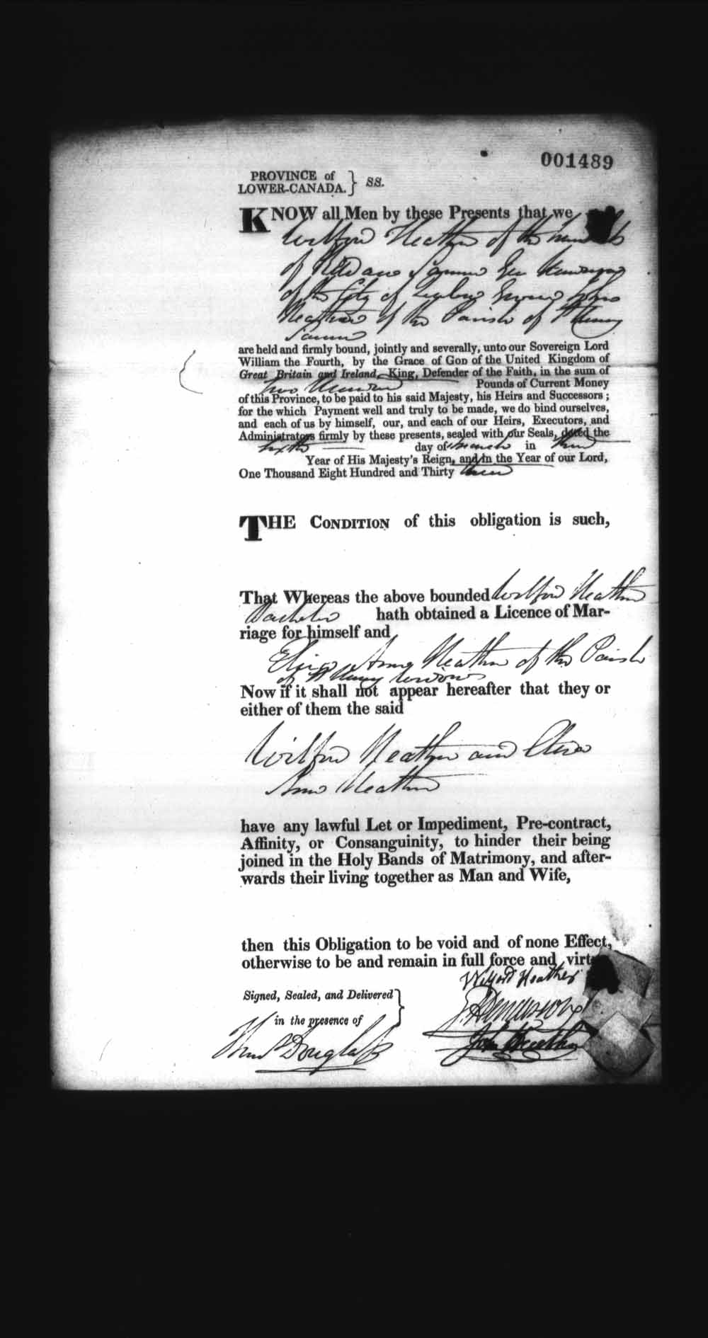 Digitized page of Upper and Lower Canada Marriage Bonds (1779-1865) for Image No.: e008237777
