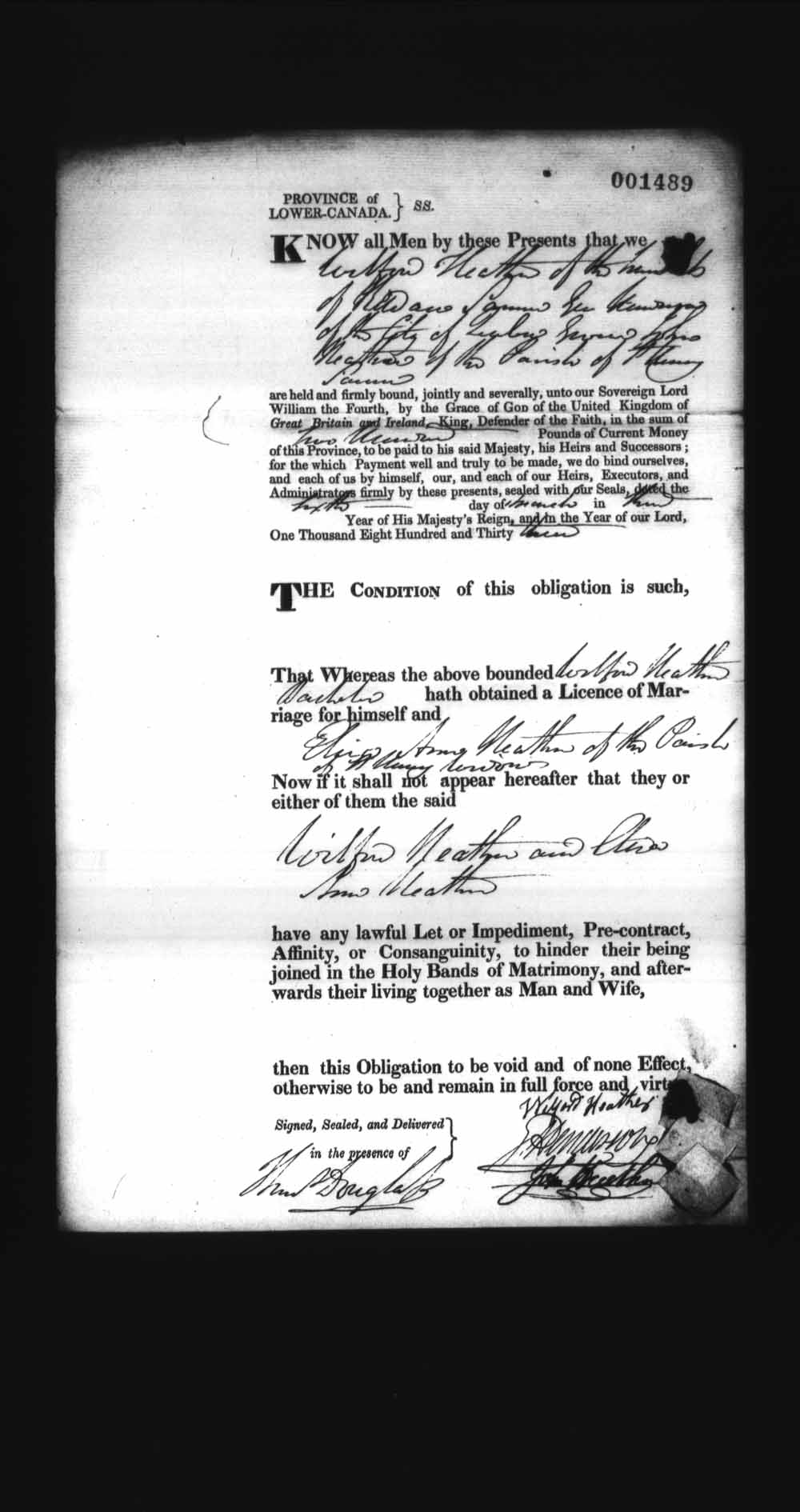 Page numérisé de Cautionnements de mariages pour le Haut-Canada et le Bas-Canada (1779-1865) pour l'image numéro: e008237777