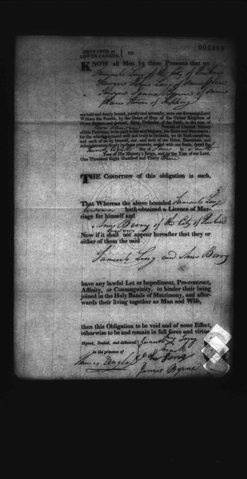 Digitized page of Upper and Lower Canada Marriage Bonds (1779-1865) for Image No.: e008237788