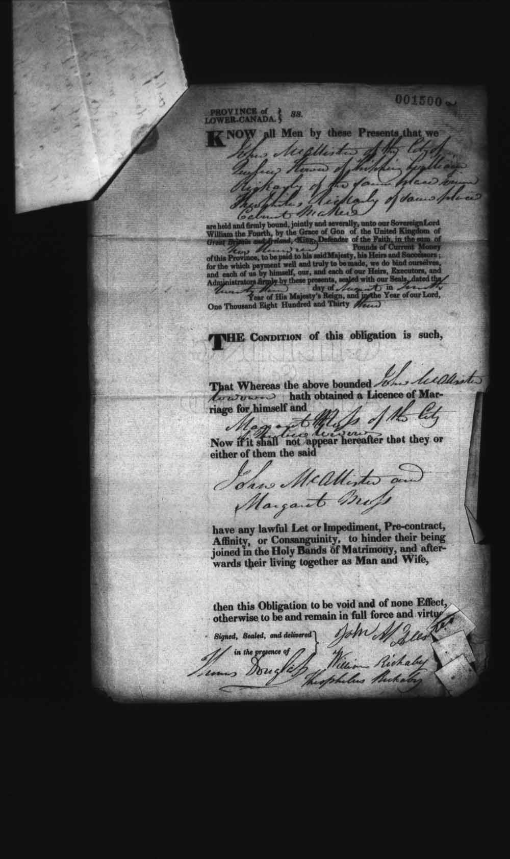 Digitized page of Upper and Lower Canada Marriage Bonds (1779-1865) for Image No.: e008237790