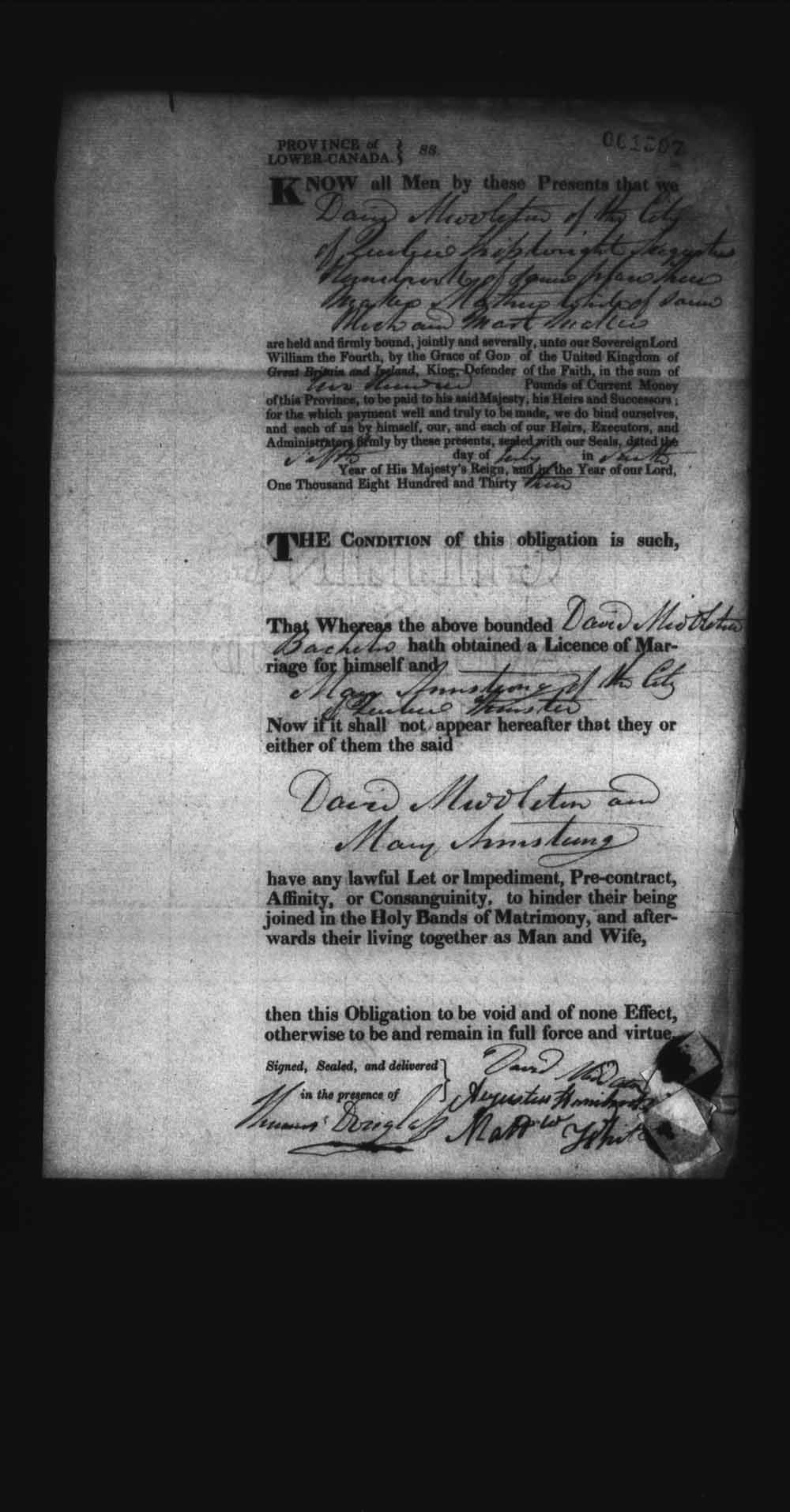 Digitized page of Upper and Lower Canada Marriage Bonds (1779-1865) for Image No.: e008237798