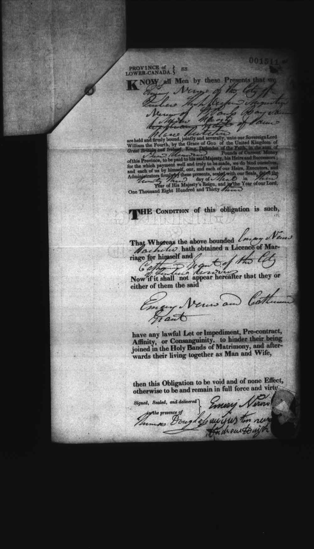 Digitized page of Upper and Lower Canada Marriage Bonds (1779-1865) for Image No.: e008237803