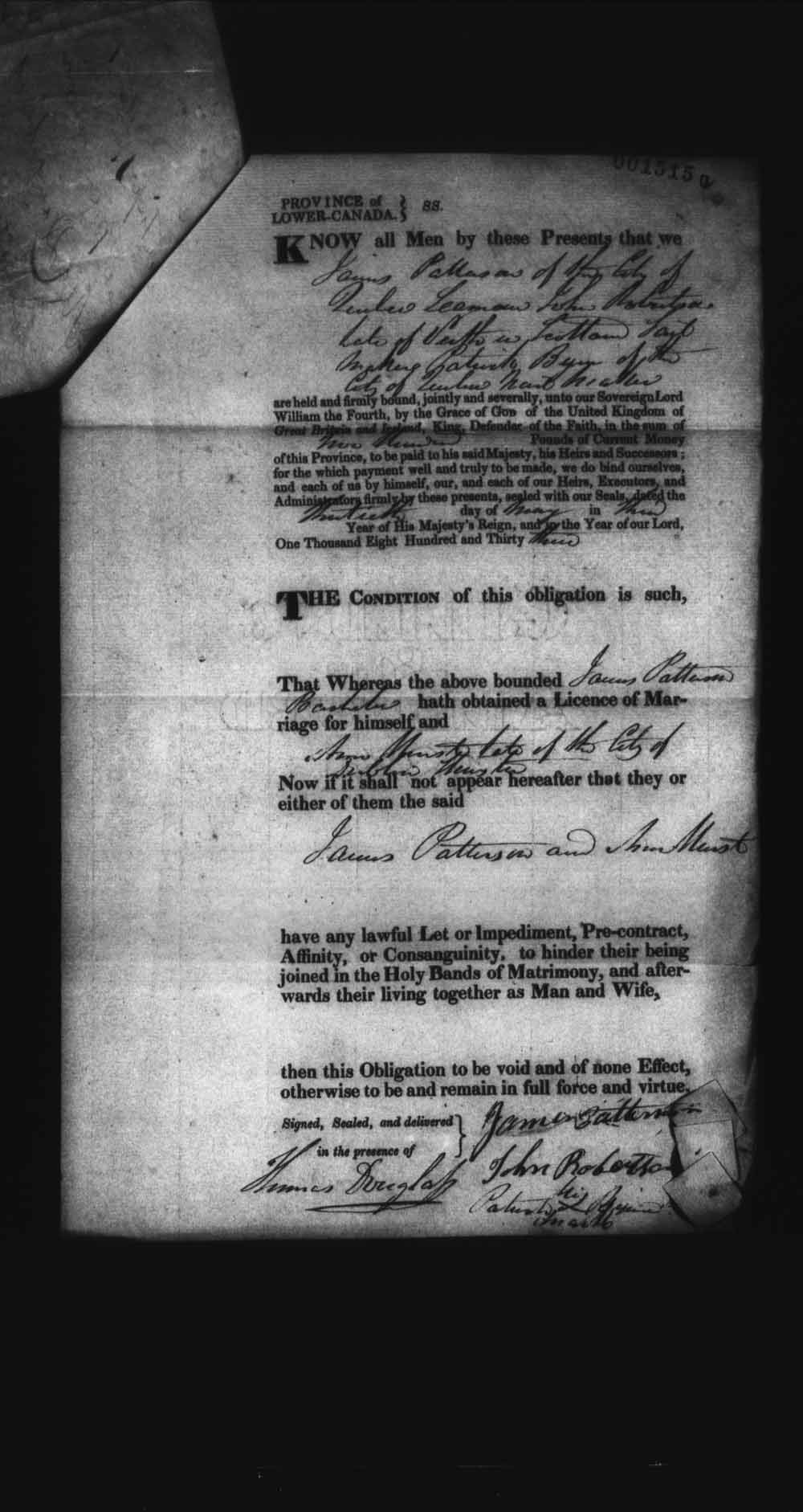 Digitized page of Upper and Lower Canada Marriage Bonds (1779-1865) for Image No.: e008237809