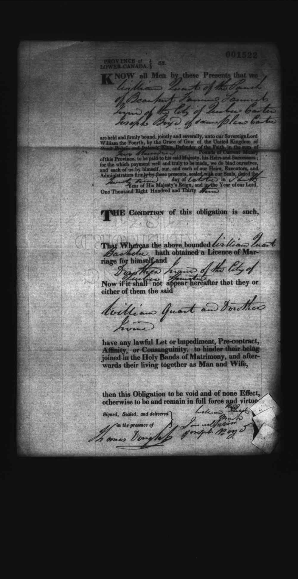 Digitized page of Upper and Lower Canada Marriage Bonds (1779-1865) for Image No.: e008237818
