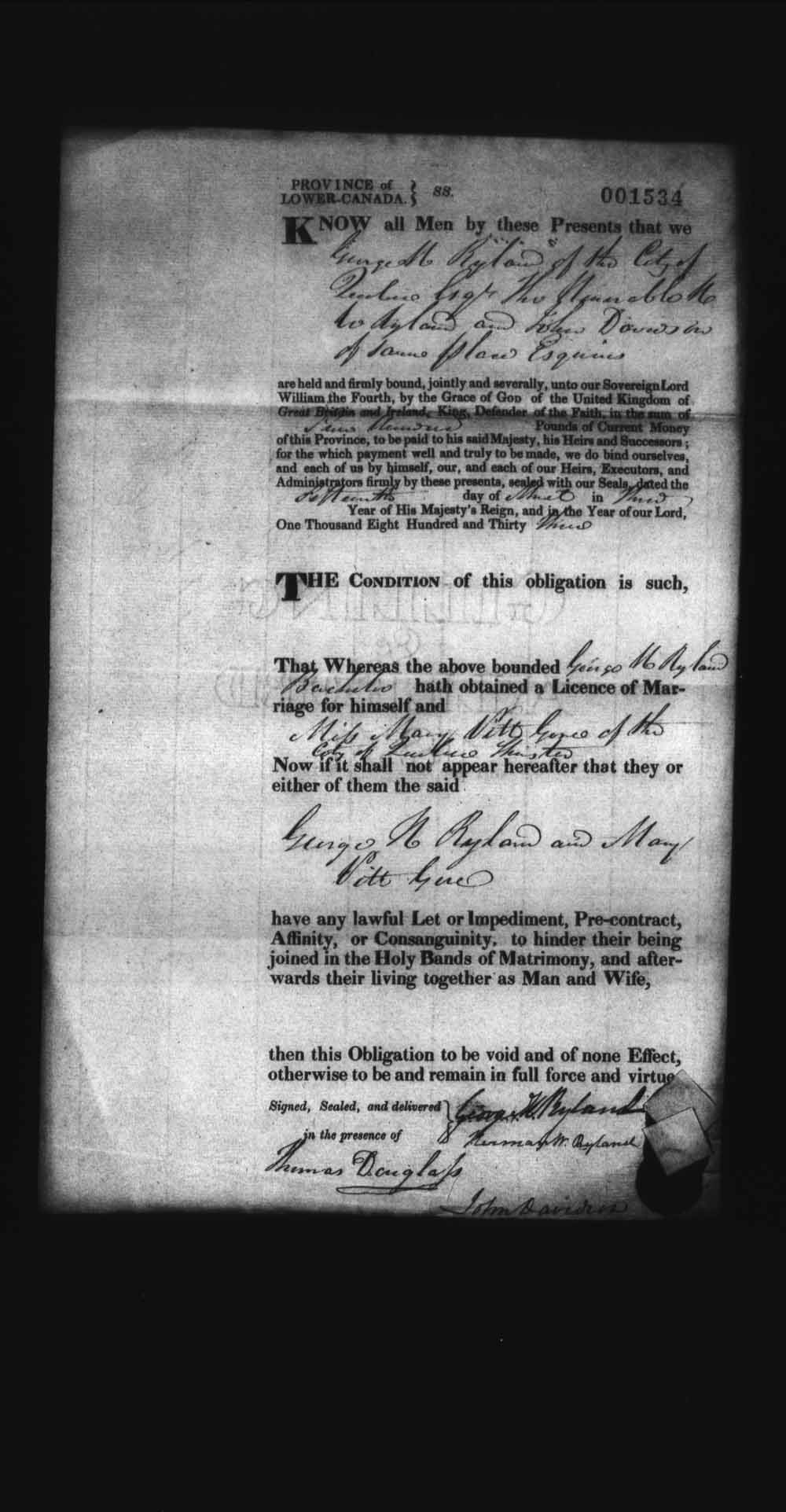 Digitized page of Upper and Lower Canada Marriage Bonds (1779-1865) for Image No.: e008237834