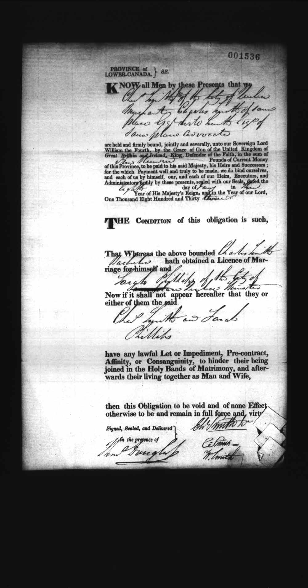 Digitized page of Upper and Lower Canada Marriage Bonds (1779-1865) for Image No.: e008237836