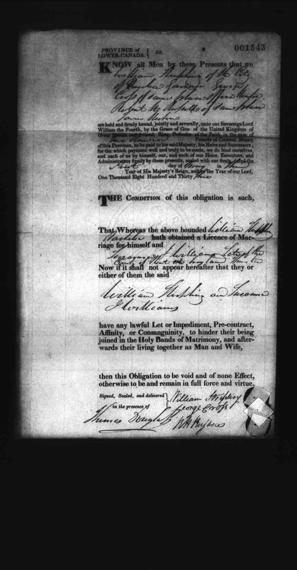 Digitized page of Upper and Lower Canada Marriage Bonds (1779-1865) for Image No.: e008237844