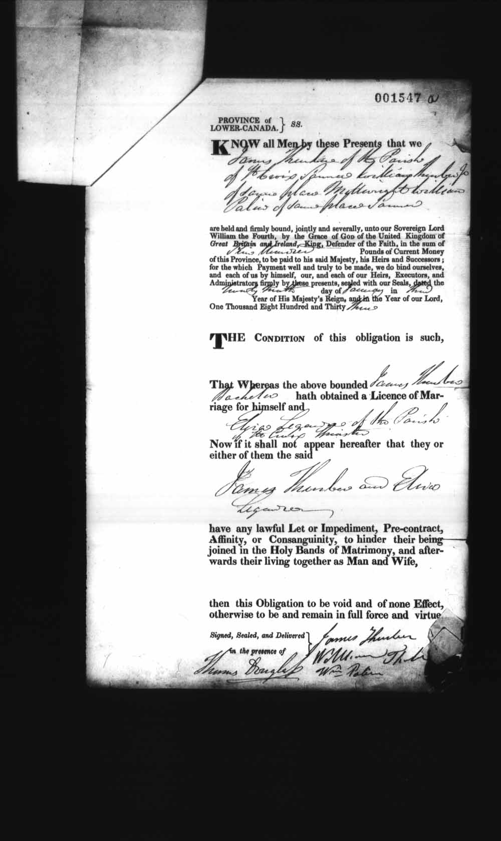 Digitized page of Upper and Lower Canada Marriage Bonds (1779-1865) for Image No.: e008237851