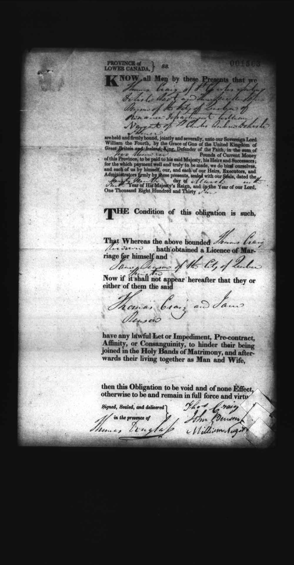 Digitized page of Upper and Lower Canada Marriage Bonds (1779-1865) for Image No.: e008237873