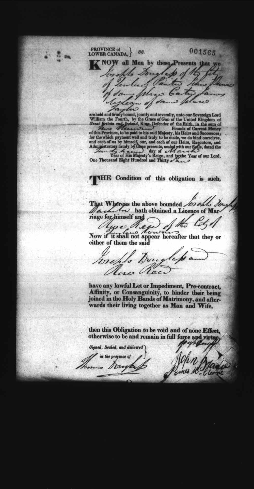 Digitized page of Upper and Lower Canada Marriage Bonds (1779-1865) for Image No.: e008237876