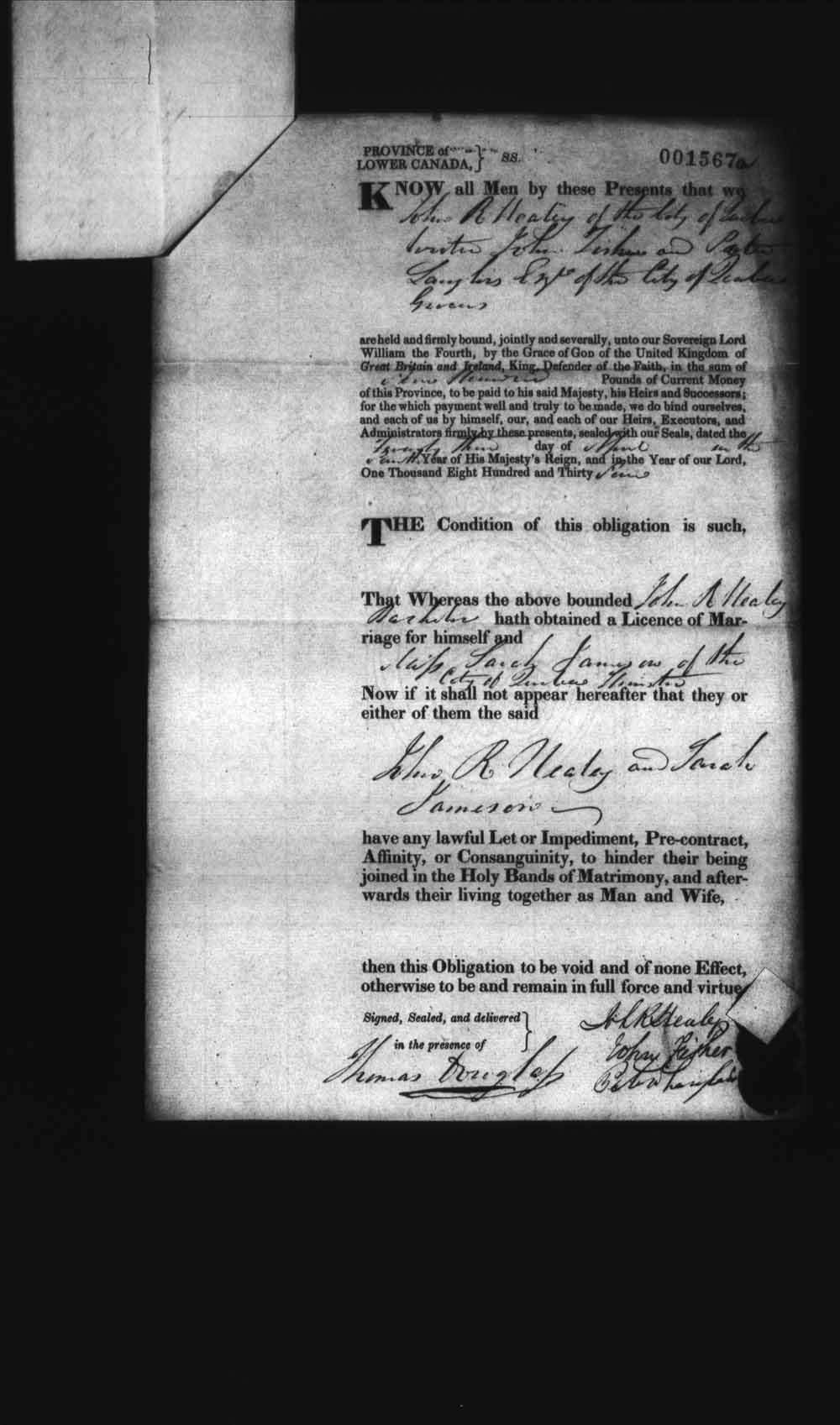 Digitized page of Upper and Lower Canada Marriage Bonds (1779-1865) for Image No.: e008237879