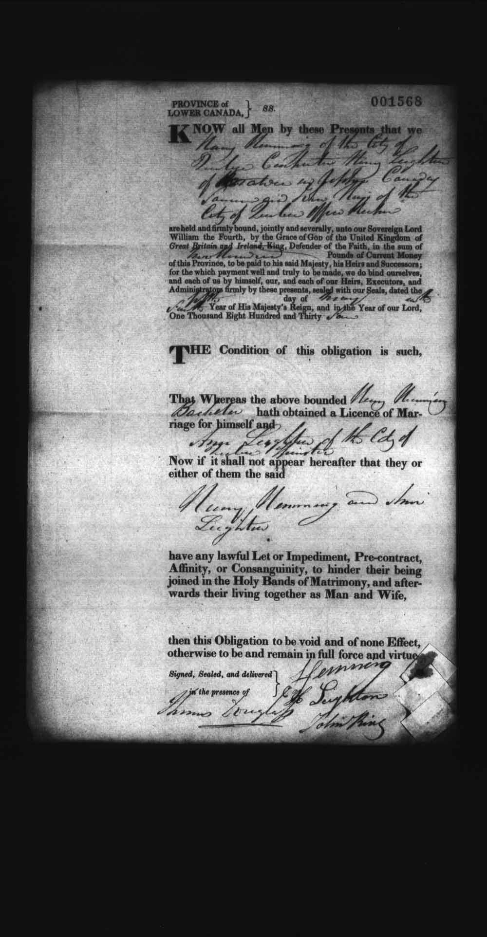 Digitized page of Upper and Lower Canada Marriage Bonds (1779-1865) for Image No.: e008237880