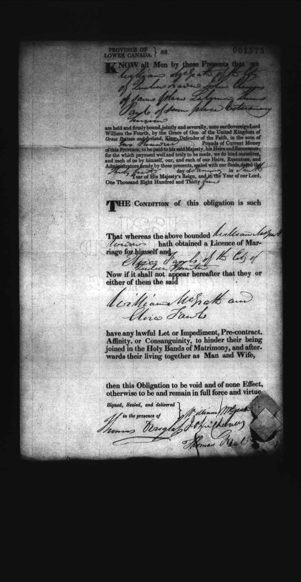 Digitized page of Upper and Lower Canada Marriage Bonds (1779-1865) for Image No.: e008237885
