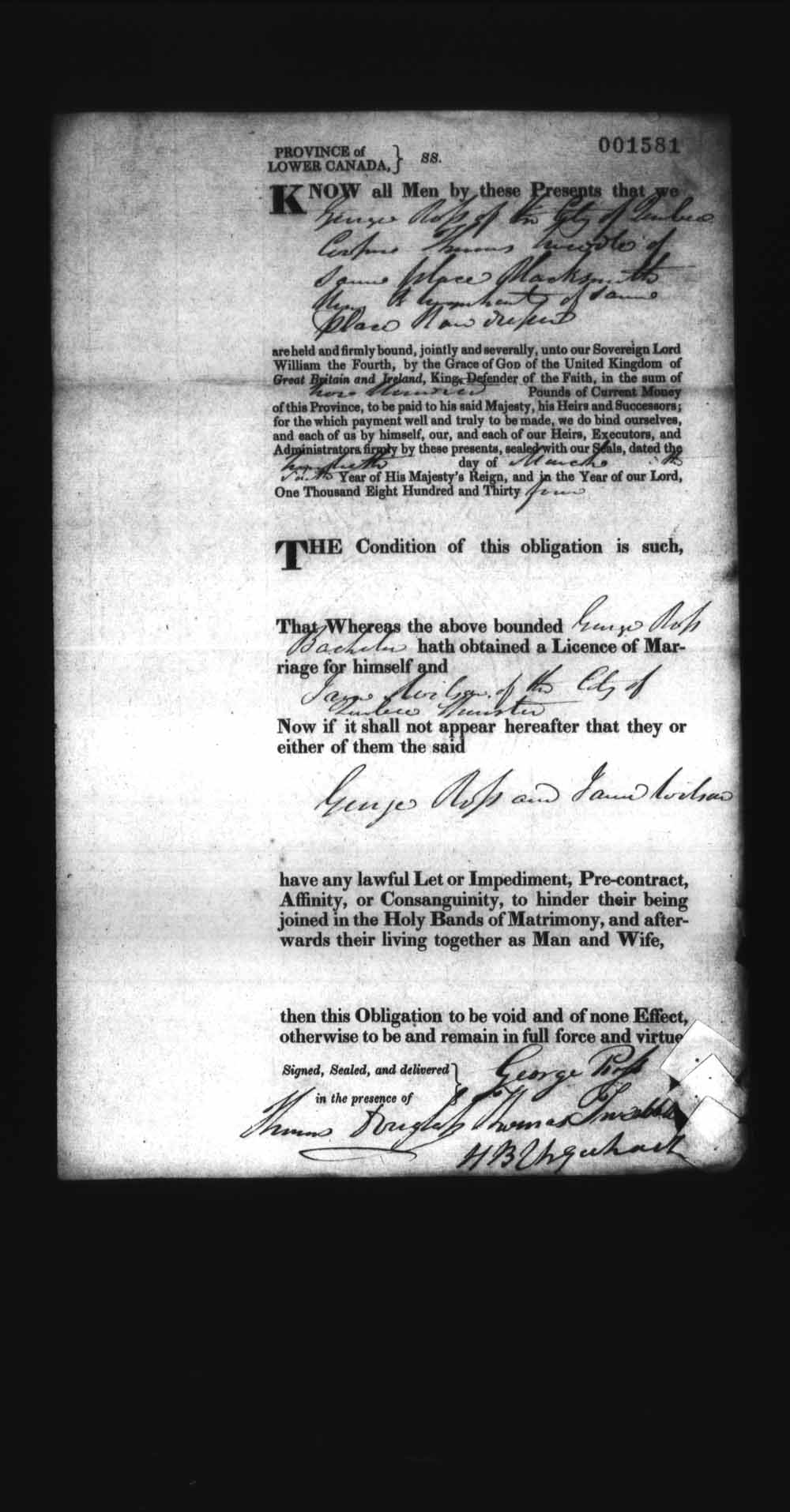 Digitized page of Upper and Lower Canada Marriage Bonds (1779-1865) for Image No.: e008237896