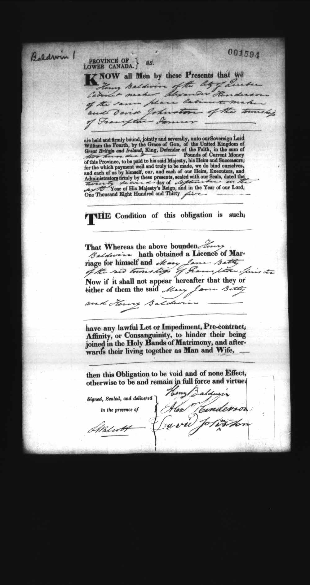 Page numérisé de Cautionnements de mariages pour le Haut-Canada et le Bas-Canada (1779-1865) pour l'image numéro: e008237914