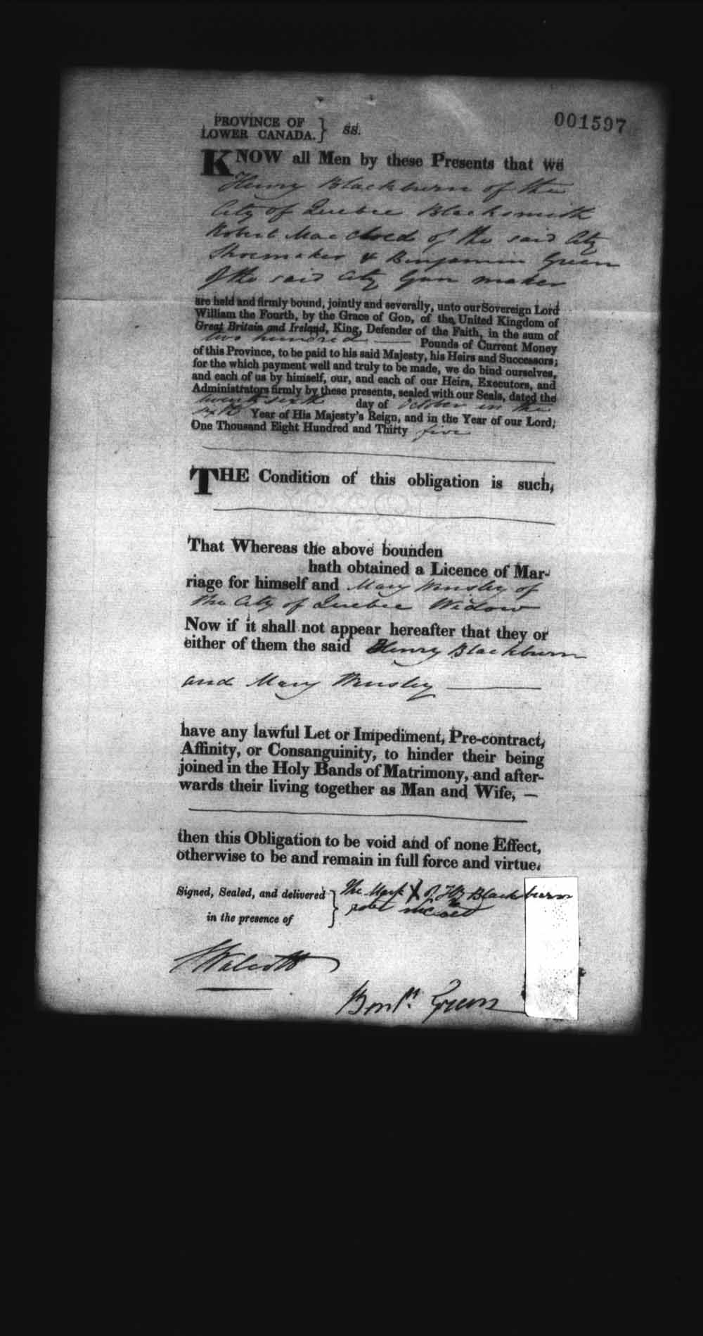 Digitized page of Upper and Lower Canada Marriage Bonds (1779-1865) for Image No.: e008237917