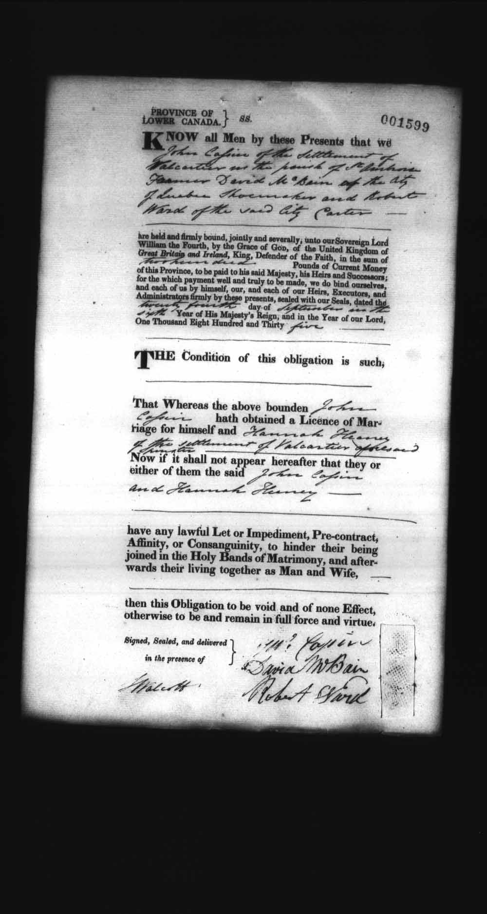 Digitized page of Upper and Lower Canada Marriage Bonds (1779-1865) for Image No.: e008237920