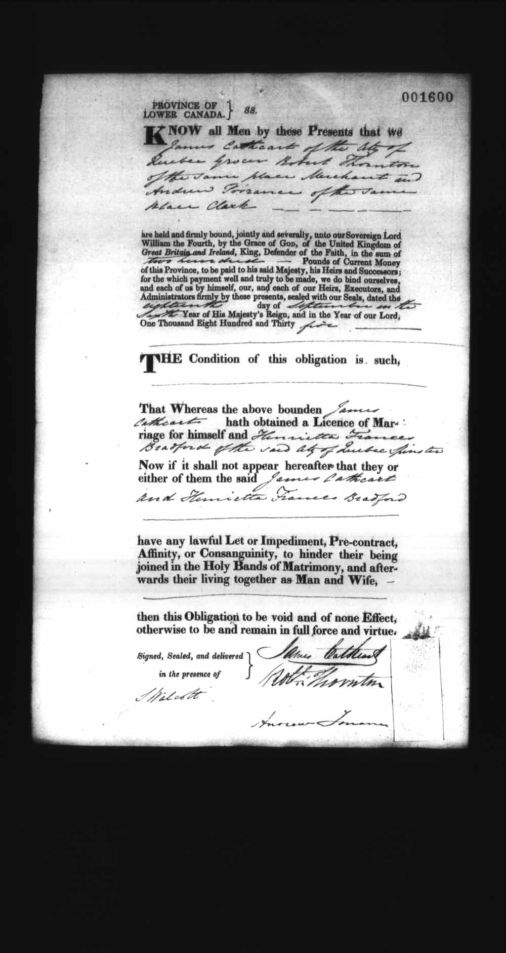 Digitized page of Upper and Lower Canada Marriage Bonds (1779-1865) for Image No.: e008237921
