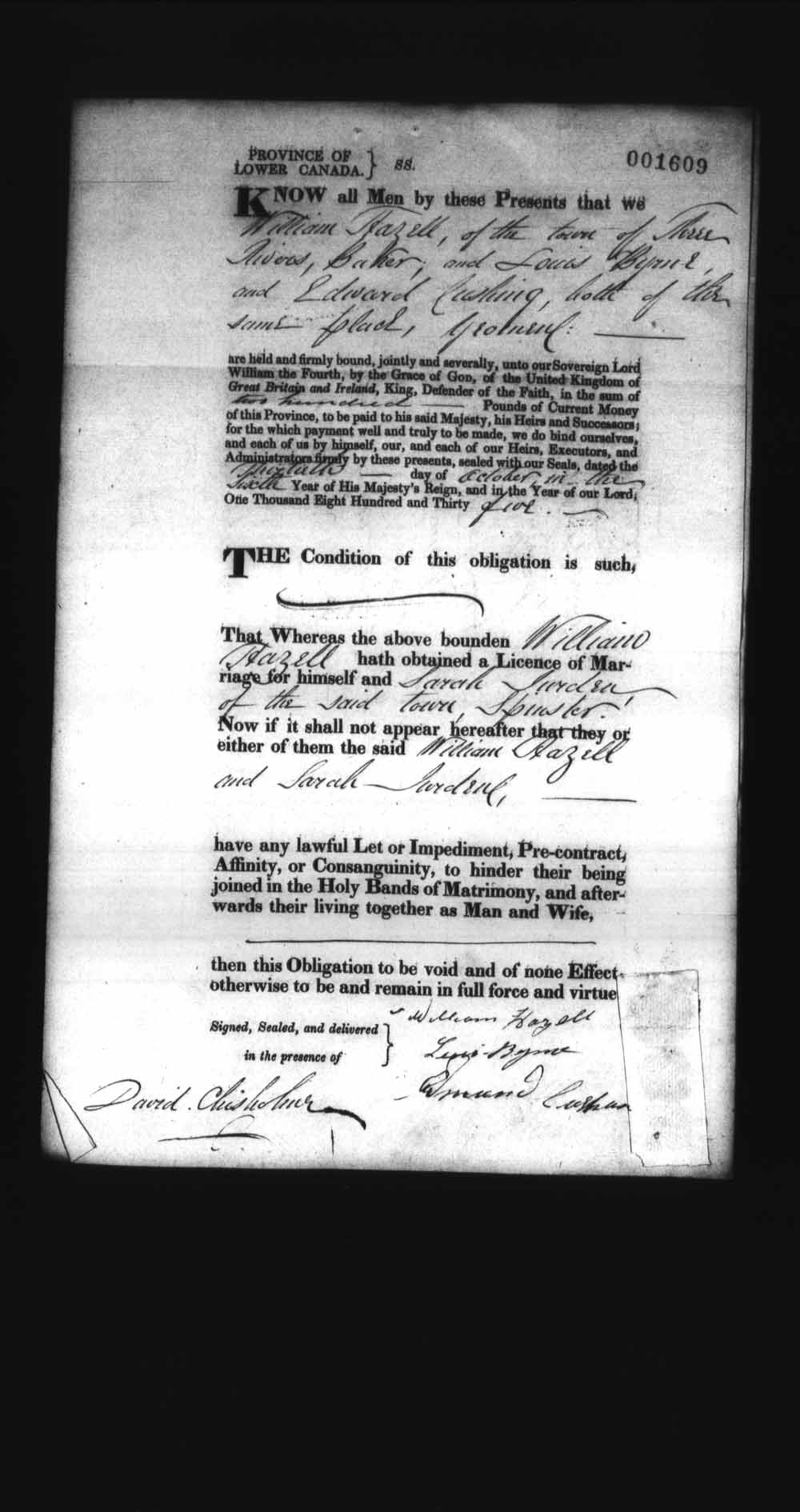 Digitized page of Upper and Lower Canada Marriage Bonds (1779-1865) for Image No.: e008237930