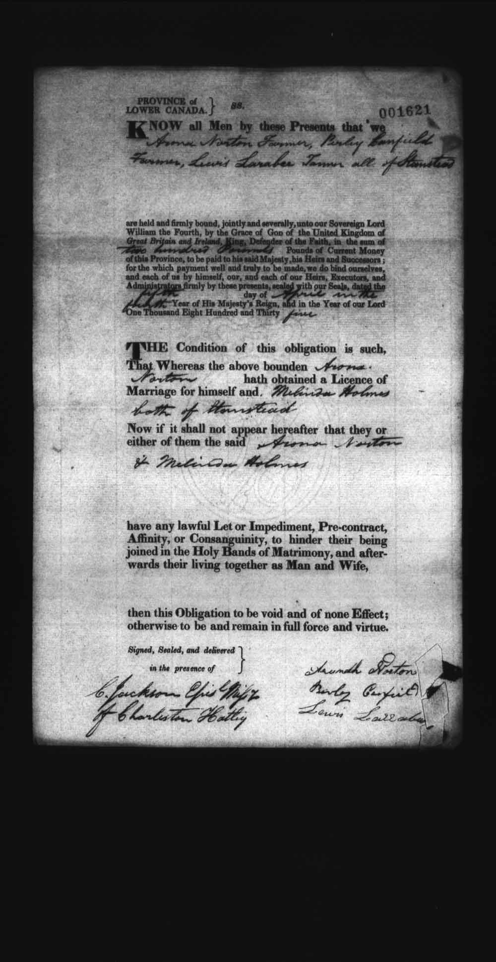 Page numérisé de Cautionnements de mariages pour le Haut-Canada et le Bas-Canada (1779-1865) pour l'image numéro: e008237942