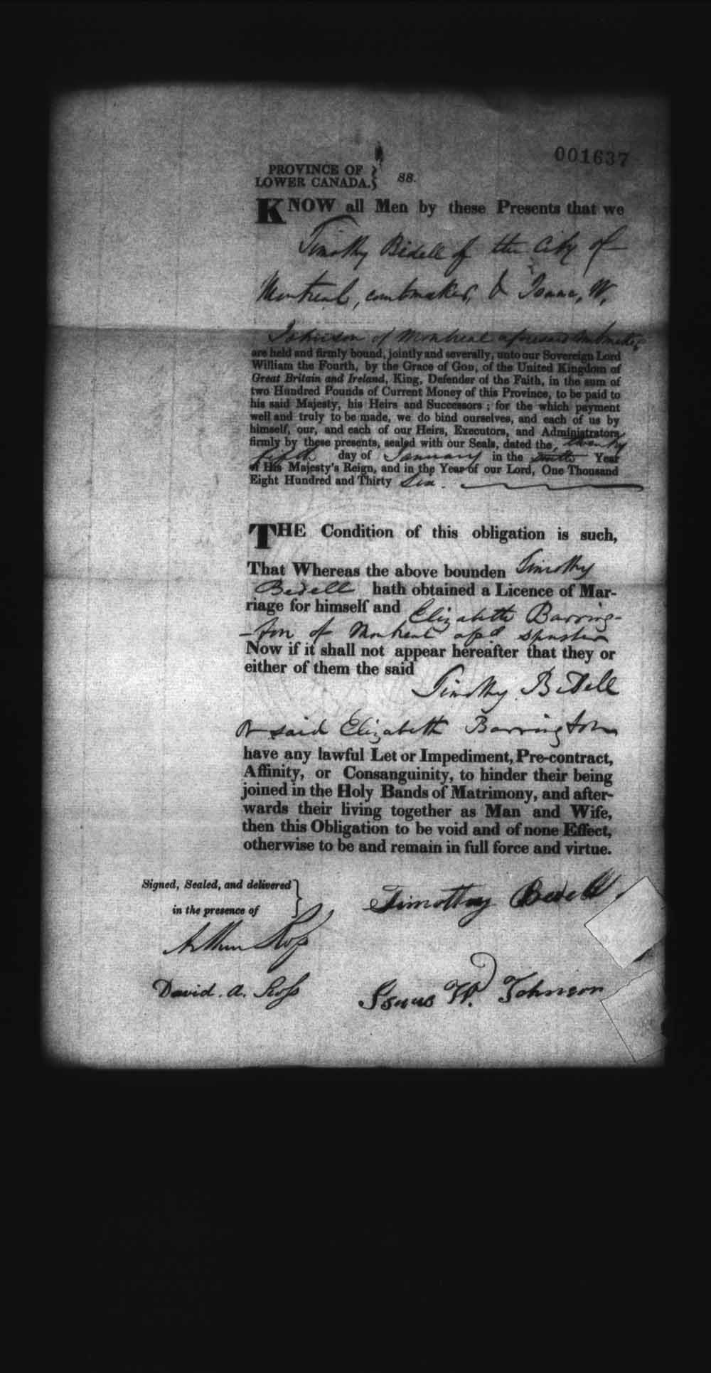 Digitized page of Upper and Lower Canada Marriage Bonds (1779-1865) for Image No.: e008237962