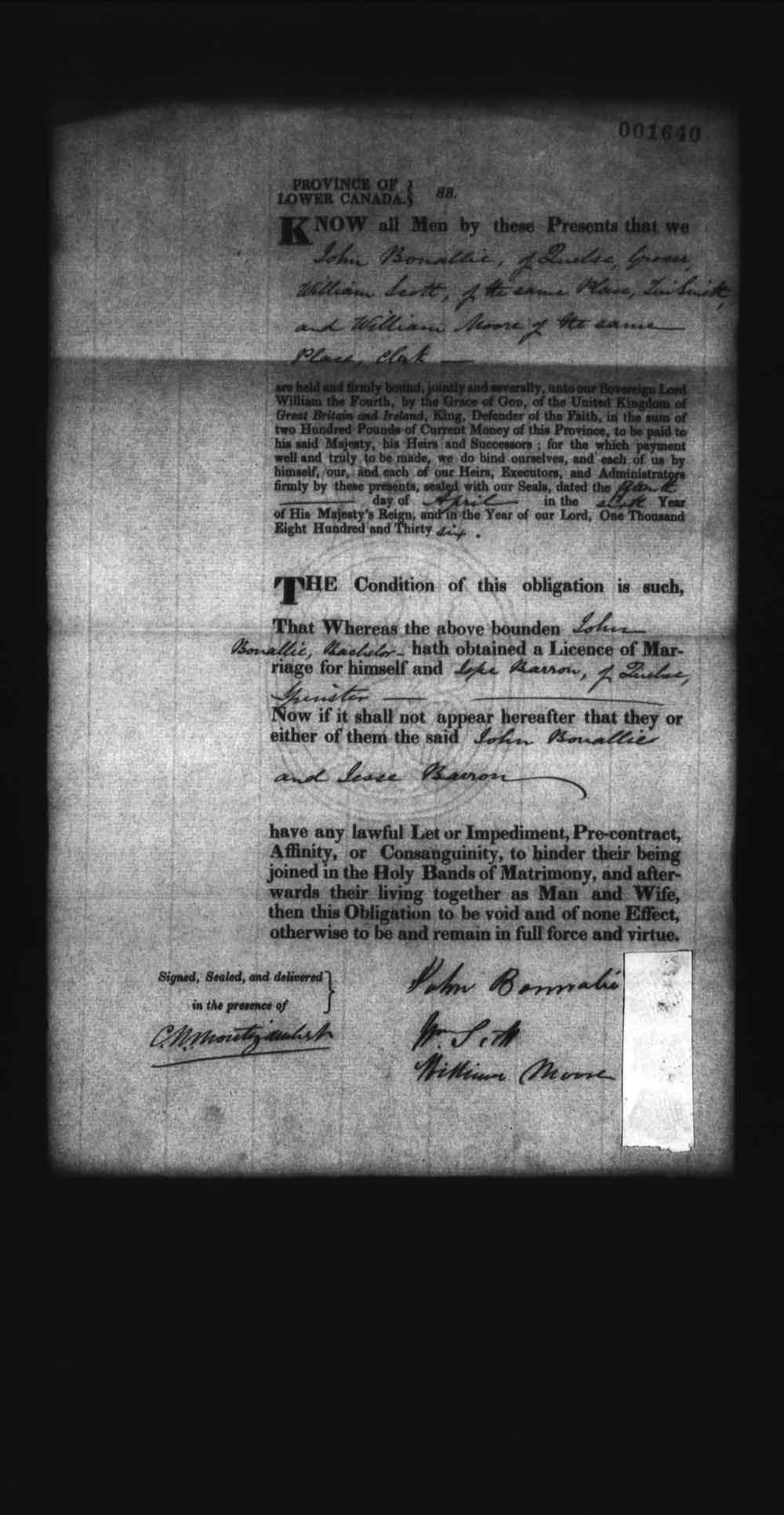 Page numérisé de Cautionnements de mariages pour le Haut-Canada et le Bas-Canada (1779-1865) pour l'image numéro: e008237965