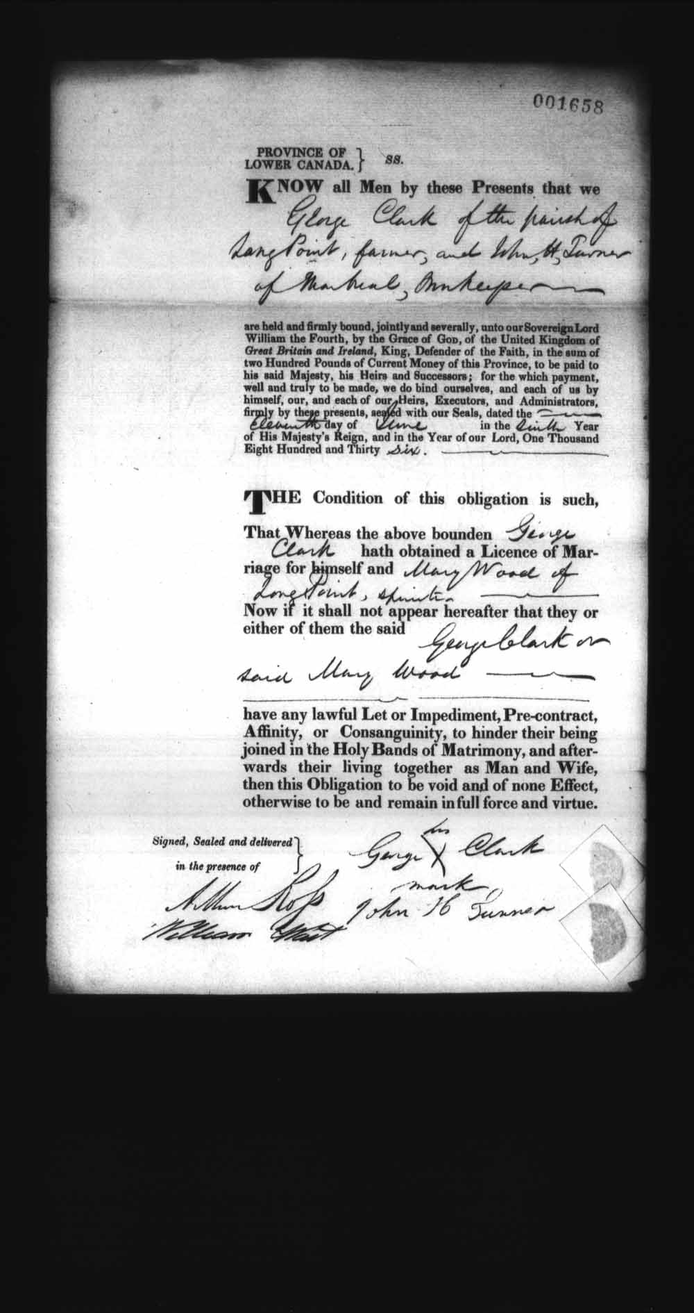 Digitized page of Upper and Lower Canada Marriage Bonds (1779-1865) for Image No.: e008237983