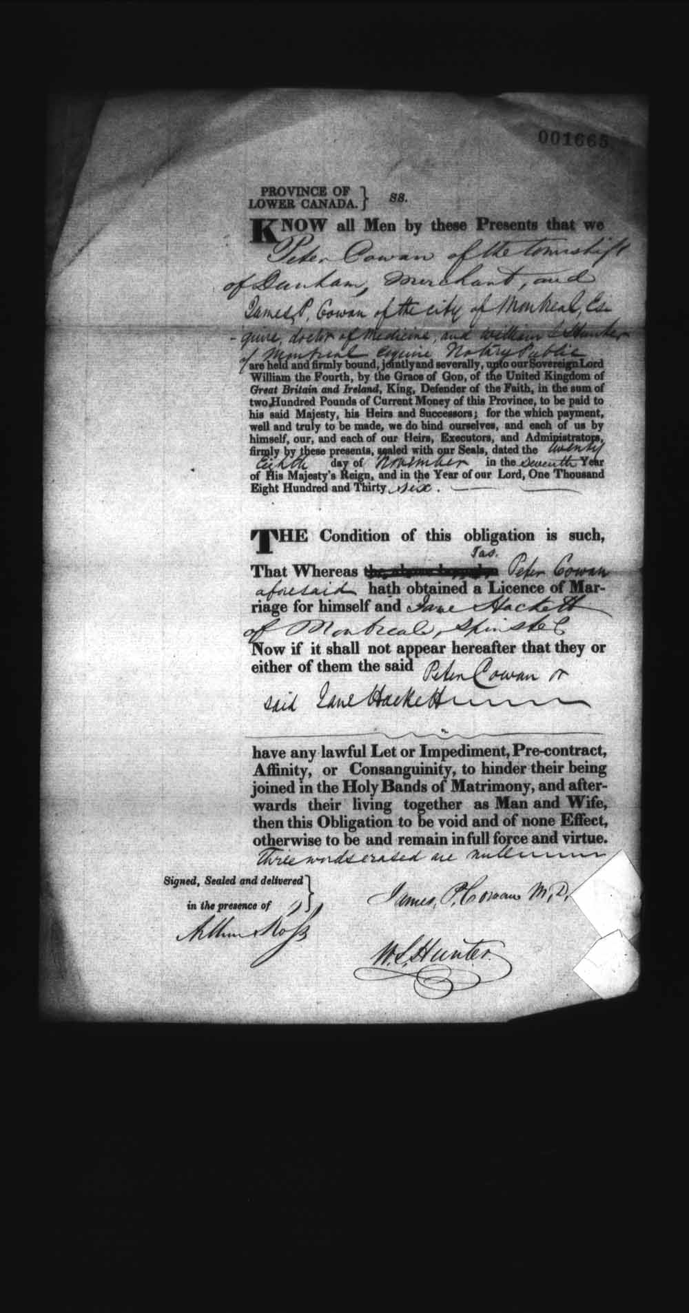 Digitized page of Upper and Lower Canada Marriage Bonds (1779-1865) for Image No.: e008237990