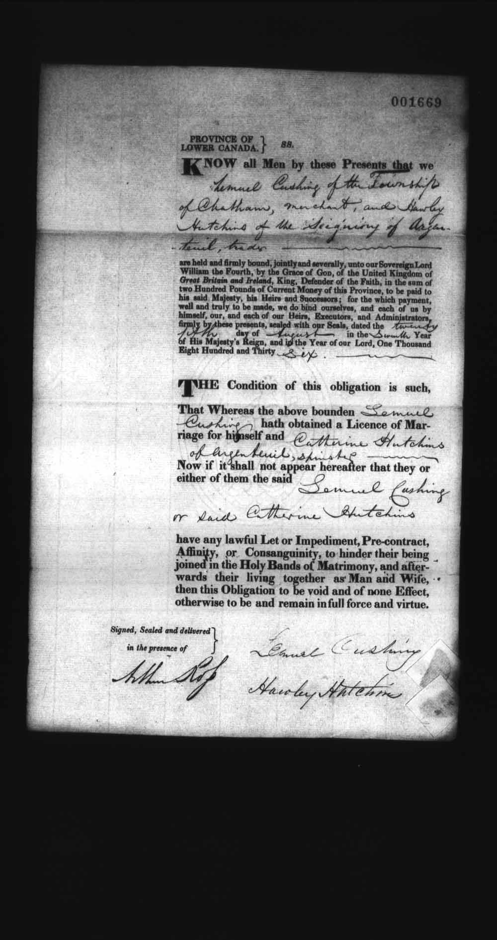 Digitized page of Upper and Lower Canada Marriage Bonds (1779-1865) for Image No.: e008237994
