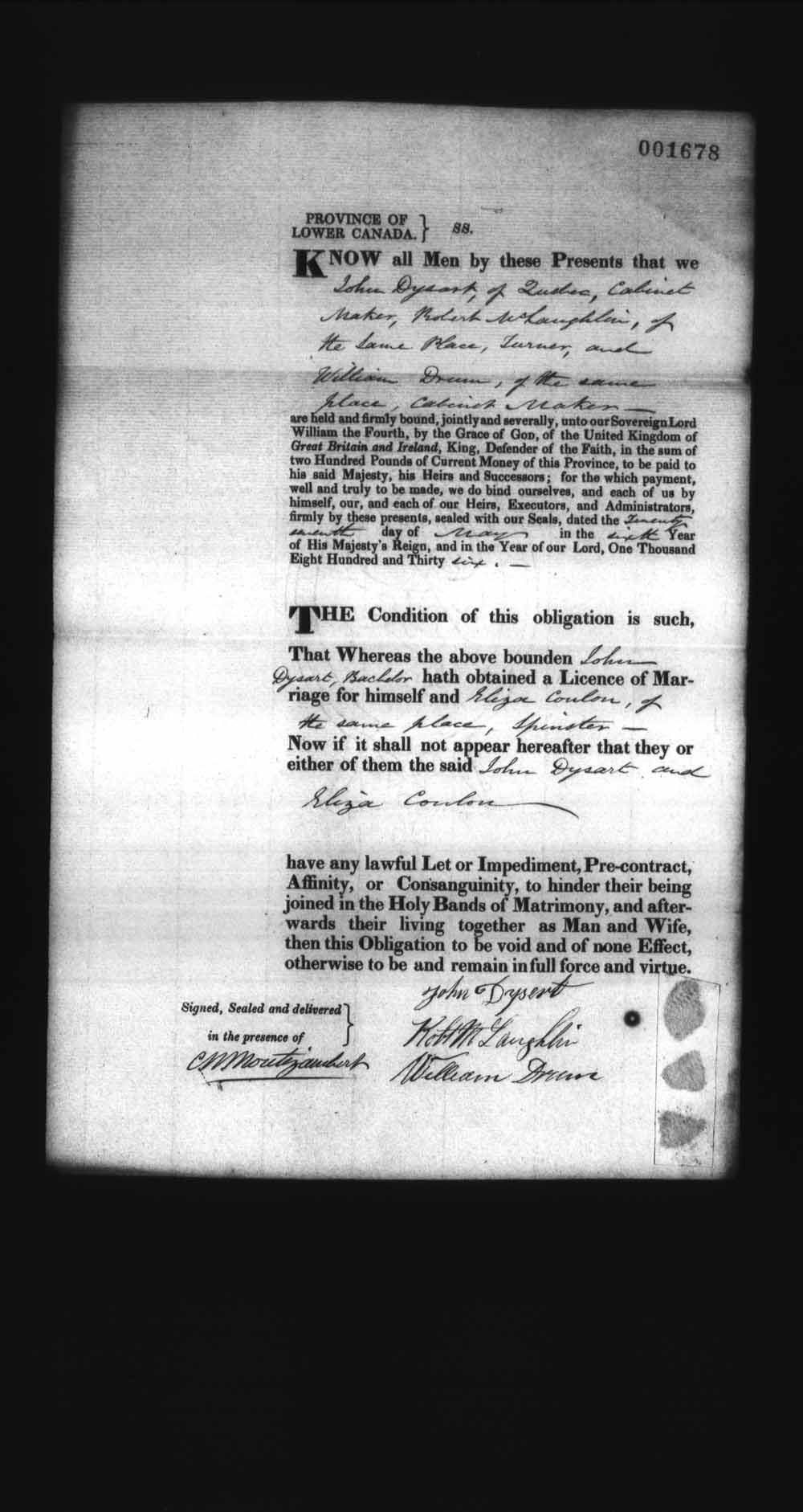Digitized page of Upper and Lower Canada Marriage Bonds (1779-1865) for Image No.: e008238003