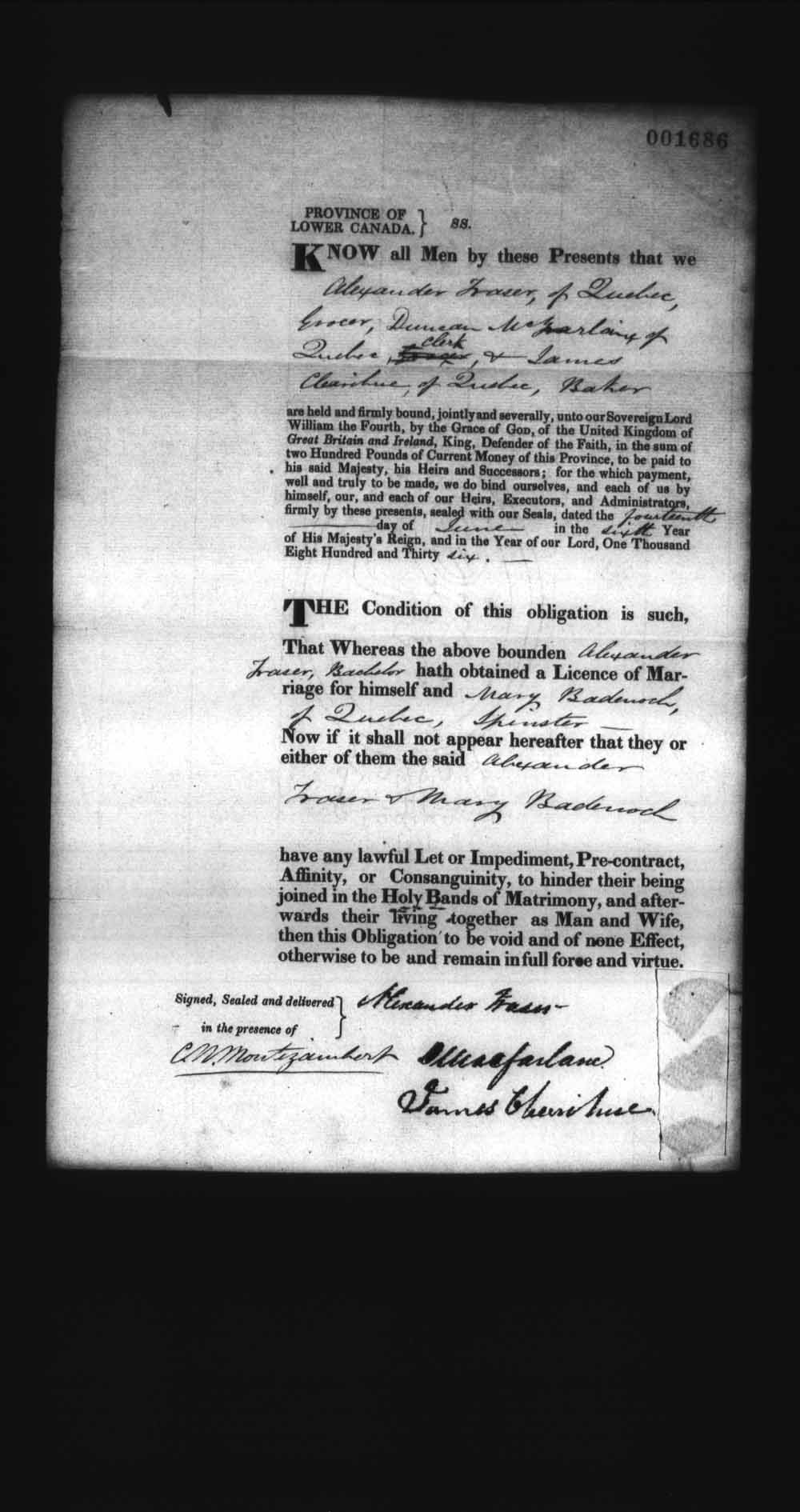 Digitized page of Upper and Lower Canada Marriage Bonds (1779-1865) for Image No.: e008238011