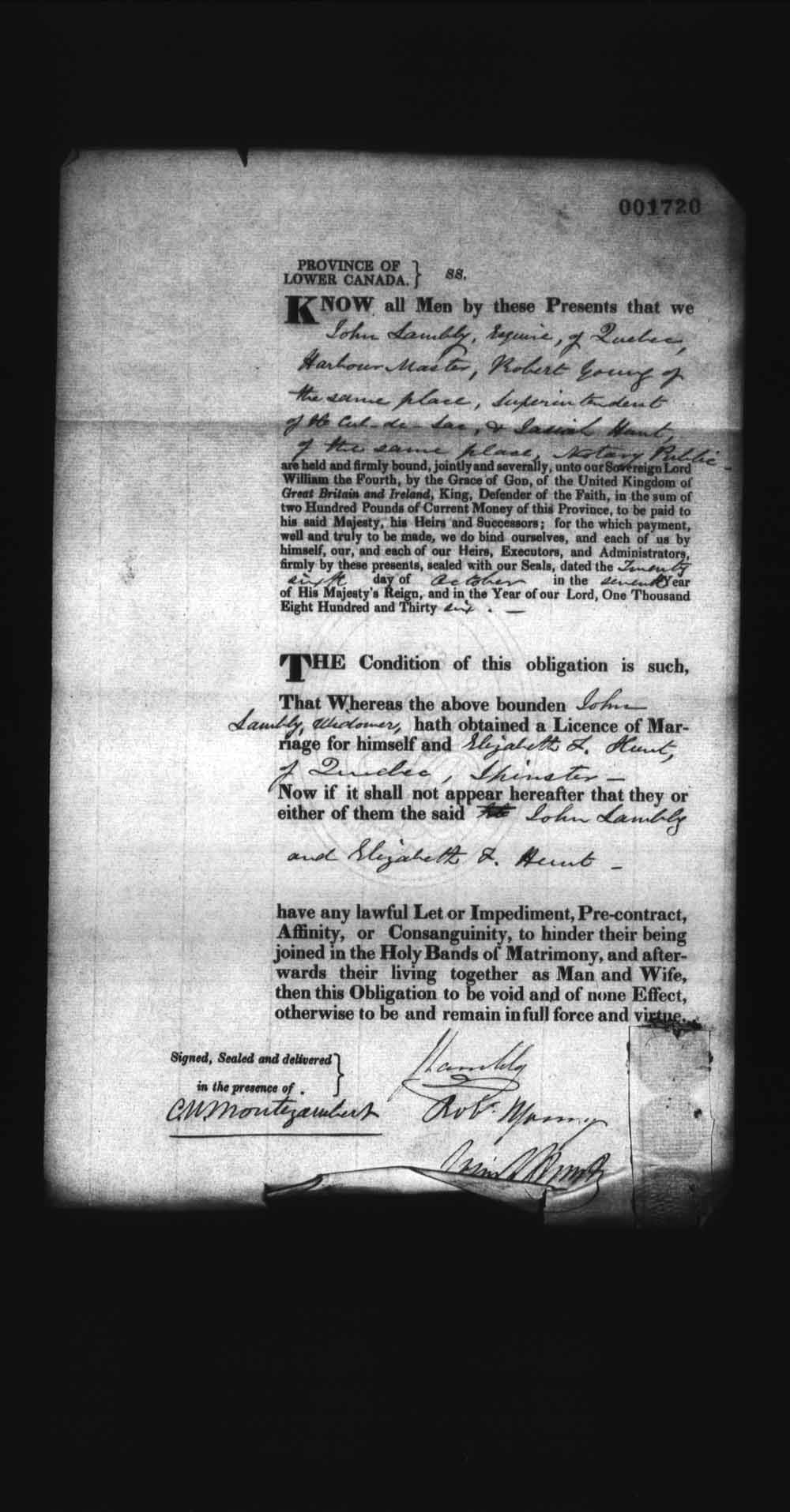 Page numérisé de Cautionnements de mariages pour le Haut-Canada et le Bas-Canada (1779-1865) pour l'image numéro: e008238046