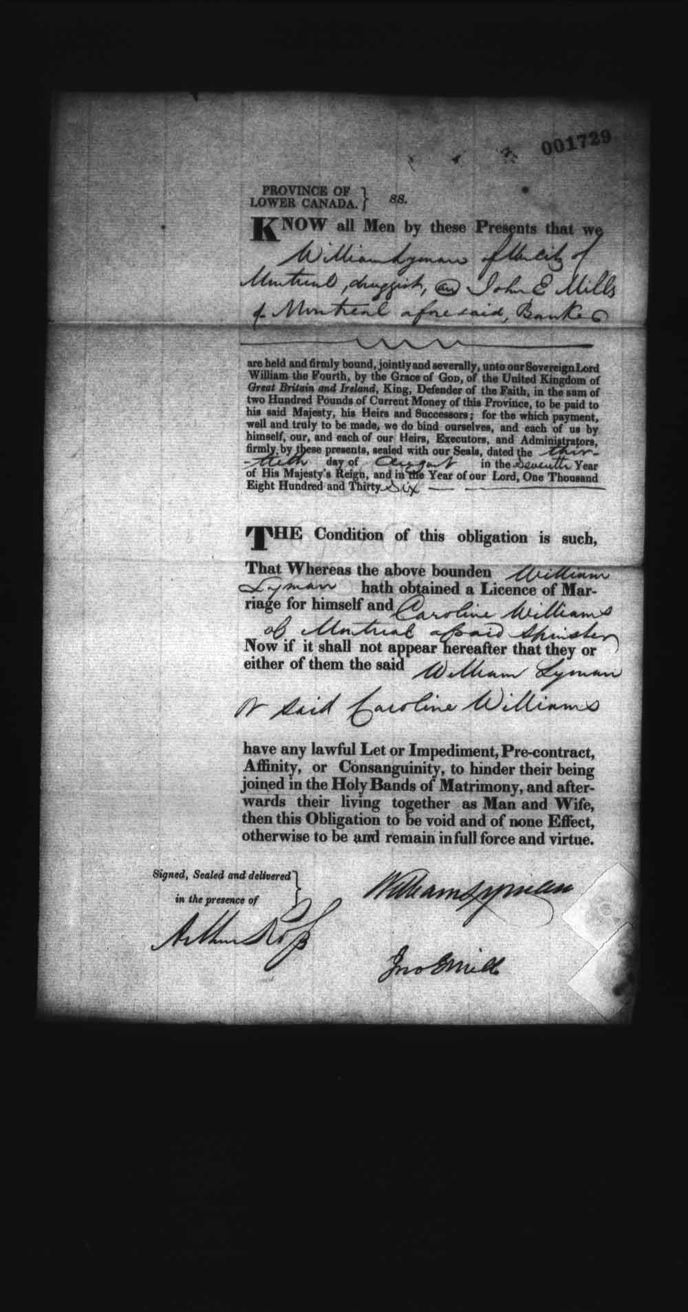 Digitized page of Upper and Lower Canada Marriage Bonds (1779-1865) for Image No.: e008238055