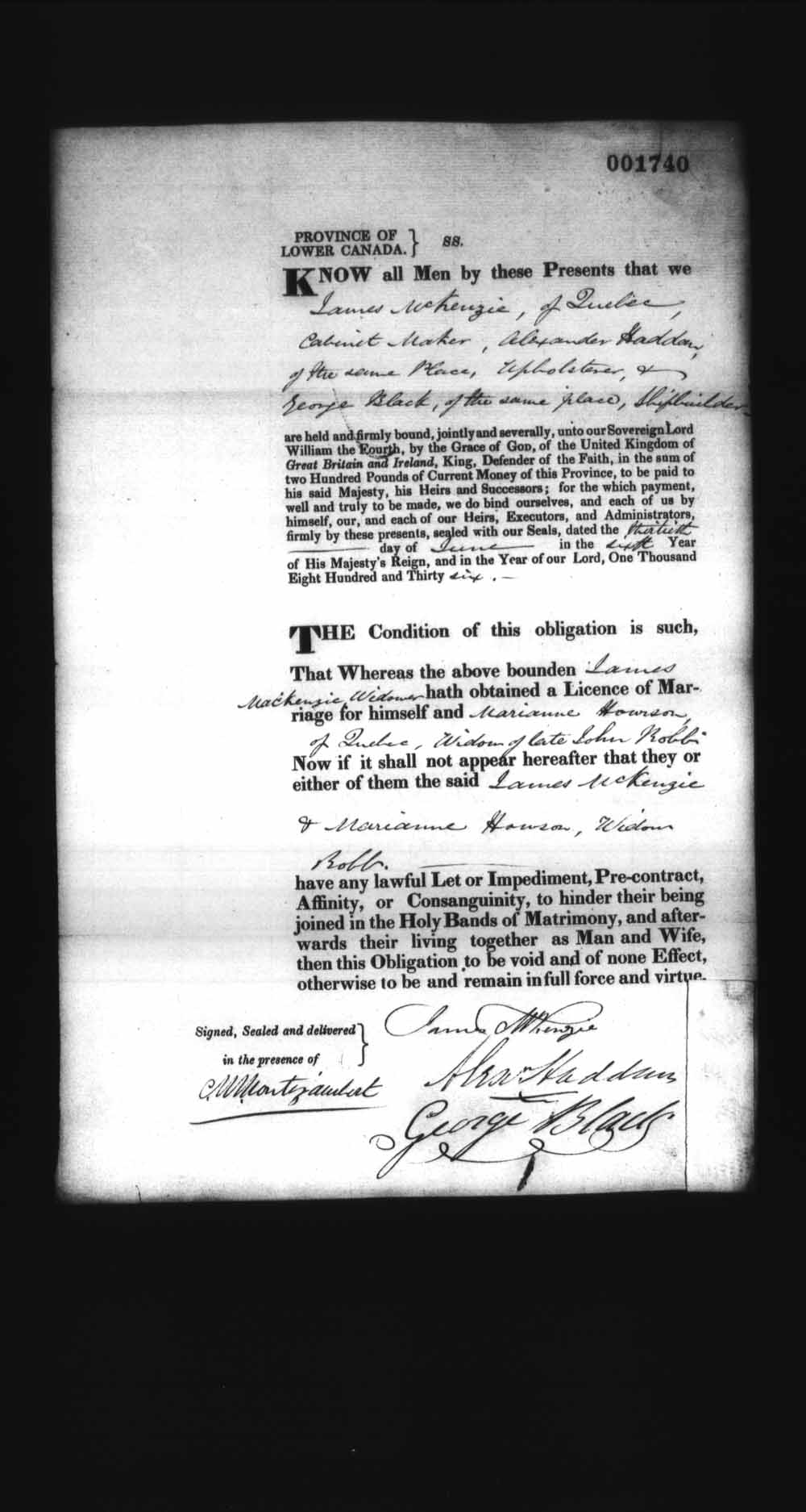 Digitized page of Upper and Lower Canada Marriage Bonds (1779-1865) for Image No.: e008238066