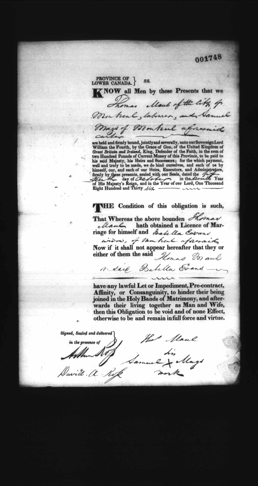 Digitized page of Upper and Lower Canada Marriage Bonds (1779-1865) for Image No.: e008238074