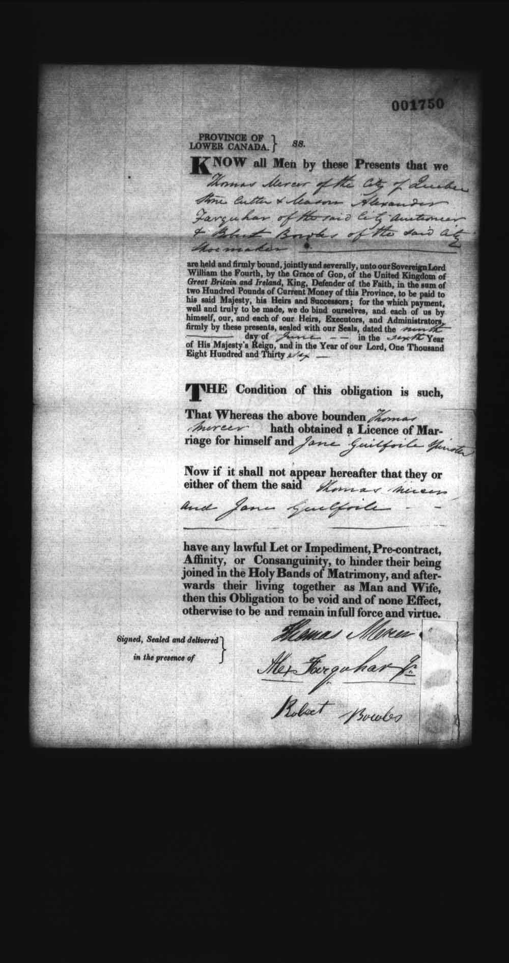 Digitized page of Upper and Lower Canada Marriage Bonds (1779-1865) for Image No.: e008238076