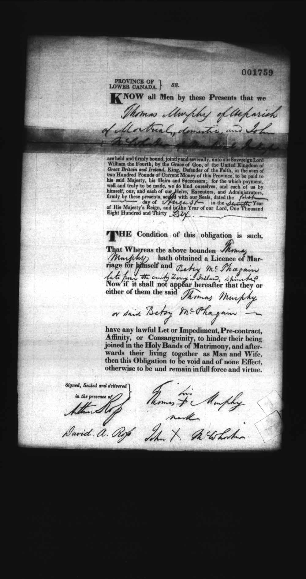 Digitized page of Upper and Lower Canada Marriage Bonds (1779-1865) for Image No.: e008238085