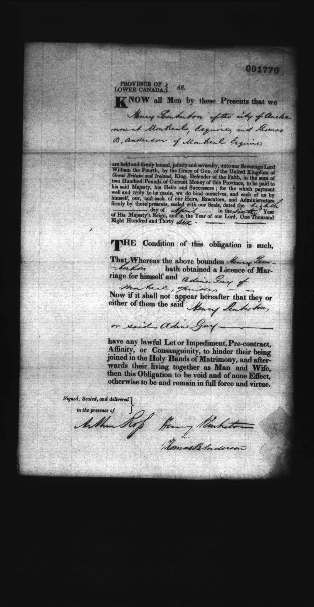 Page numérisé de Cautionnements de mariages pour le Haut-Canada et le Bas-Canada (1779-1865) pour l'image numéro: e008238097