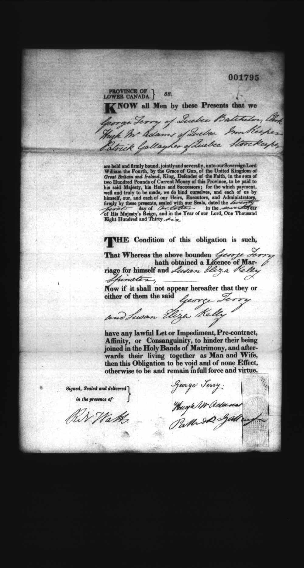 Digitized page of Upper and Lower Canada Marriage Bonds (1779-1865) for Image No.: e008238123