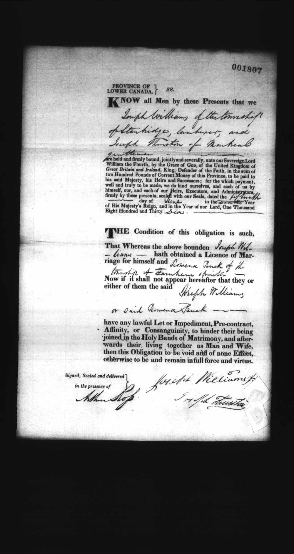 Digitized page of Upper and Lower Canada Marriage Bonds (1779-1865) for Image No.: e008238135