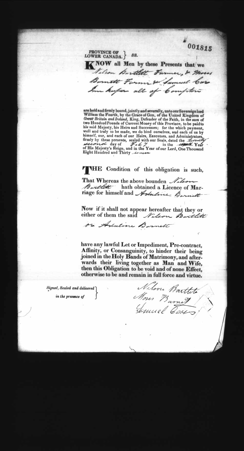 Digitized page of Upper and Lower Canada Marriage Bonds (1779-1865) for Image No.: e008238147