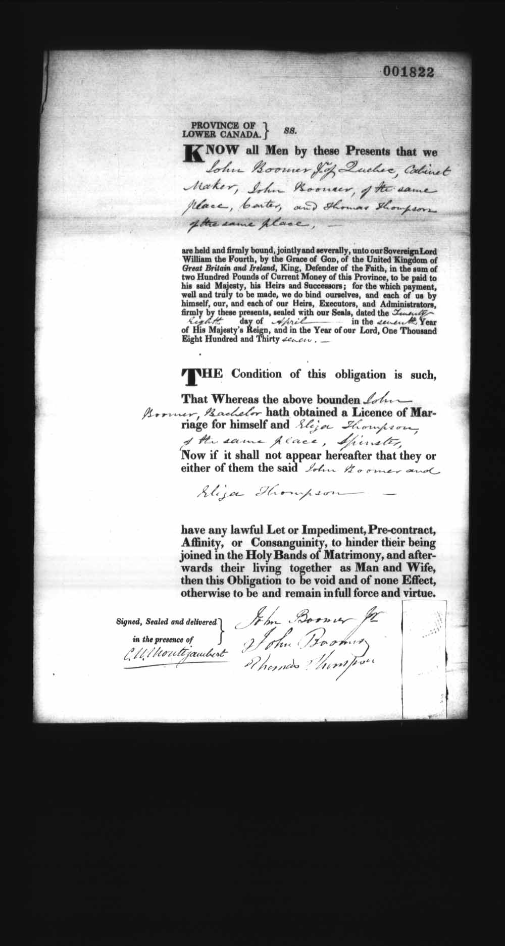 Digitized page of Upper and Lower Canada Marriage Bonds (1779-1865) for Image No.: e008238154