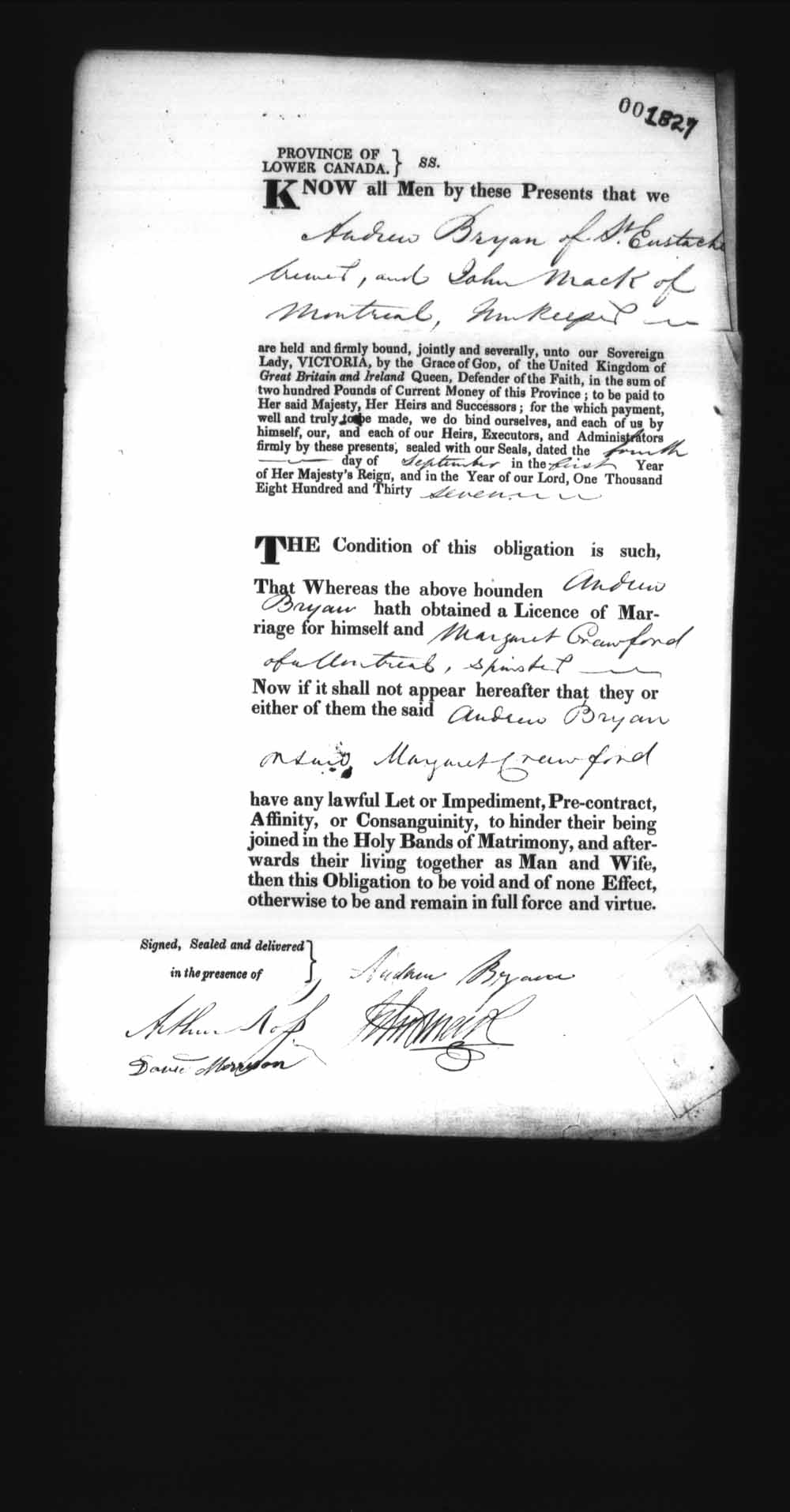 Digitized page of Upper and Lower Canada Marriage Bonds (1779-1865) for Image No.: e008238159